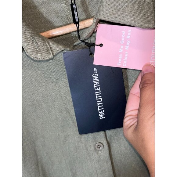 NWT PrettyLittleThing Khaki Linen Look Oversized Long Sleeve Playsuit Size 12 - Picture 7 of 13